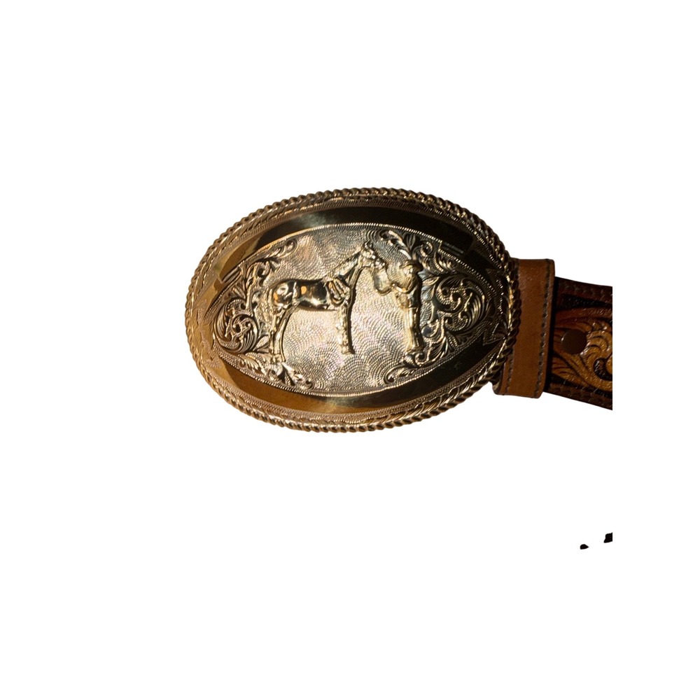 Sheplers Mens Brown Tooled Leather Western Belt Oversized Horse Trophy Buckle - Picture 5 of 9